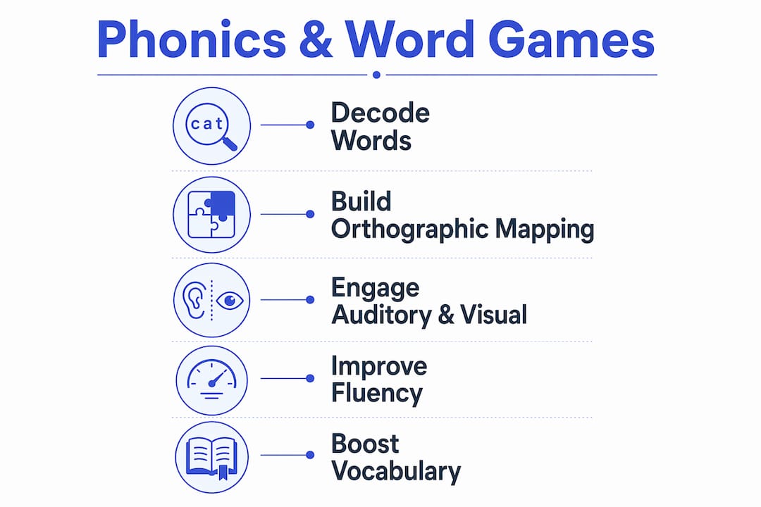 Infographic outlining phonics and word games benefits