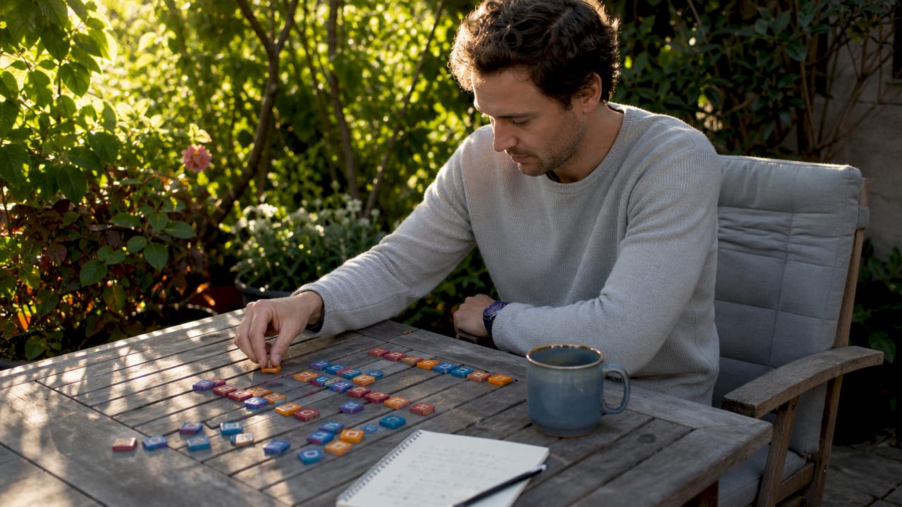 Hands positioning letter tiles for Wordle ending strategy