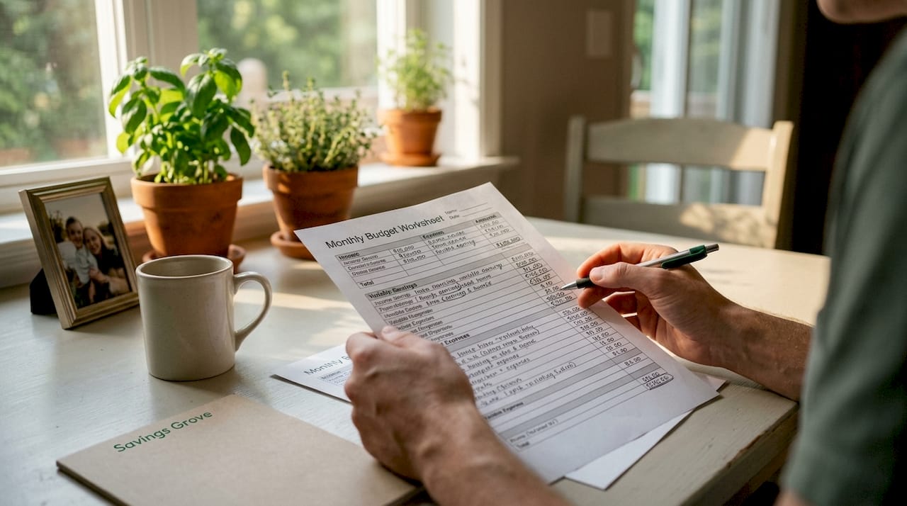 Hands holding budget worksheet with pen and glasses