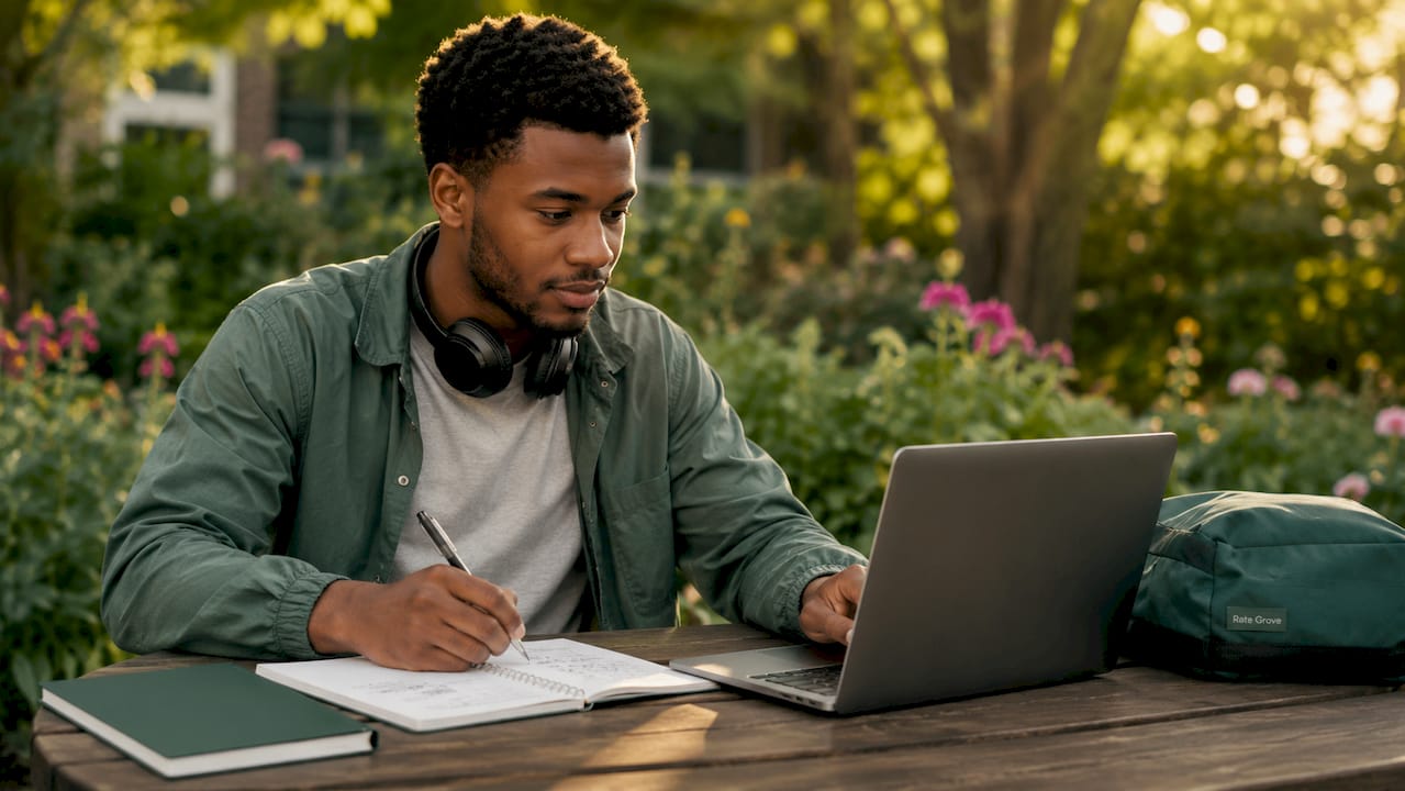 Student multitasking with laptop and notes