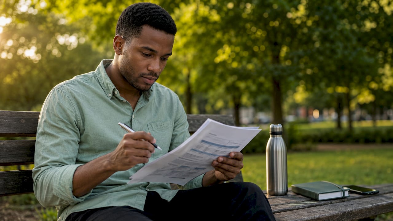 Man studying credit report in library