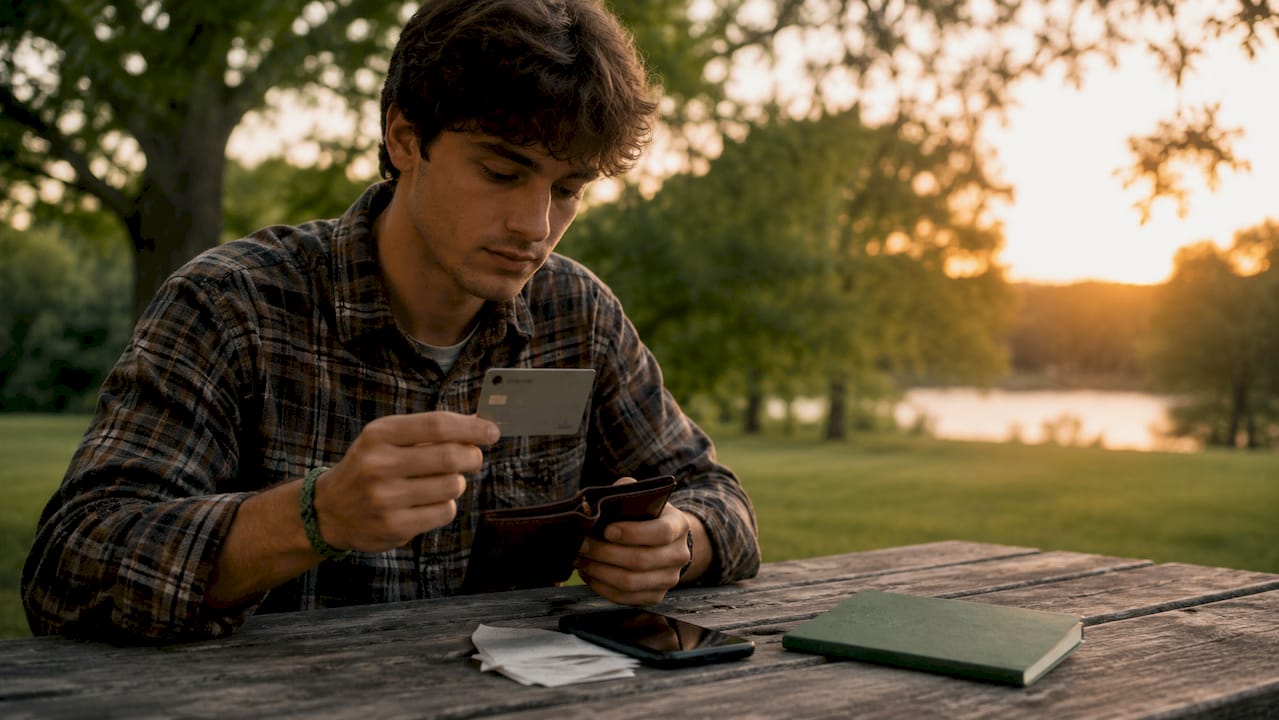Close-up of hands holding premium credit card at café table