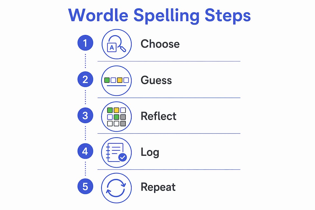Infographic showing five steps to improve spelling with Wordle