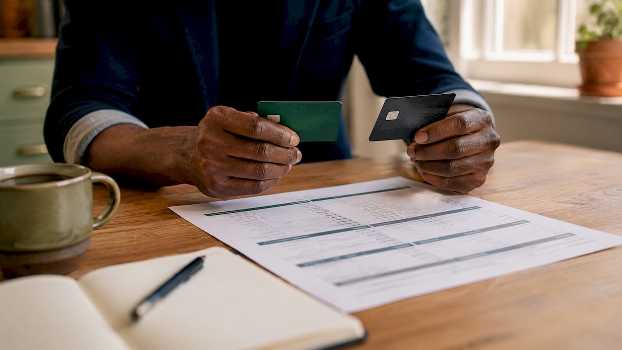 Hands comparing credit cards and fee disclosure document