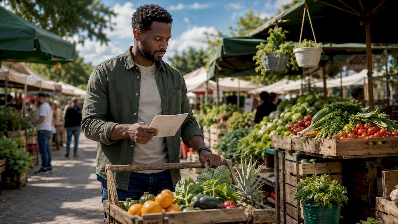 Man grocery shopping with meal plan list