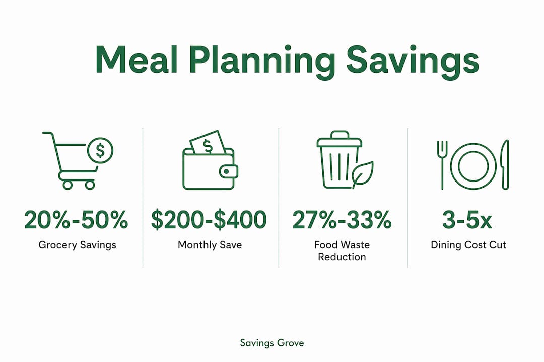 Infographic showing meal planning savings statistics with four key data points