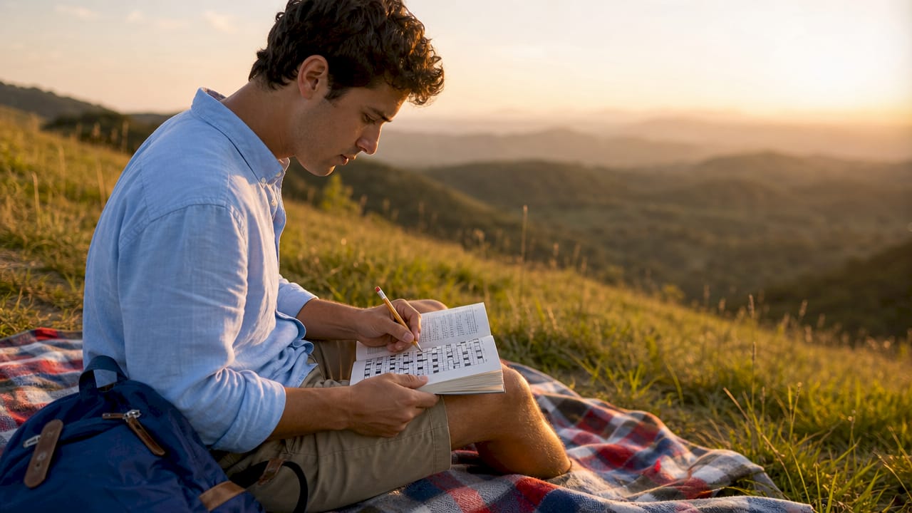 Man doing a themed crossword puzzle outdoors on bench