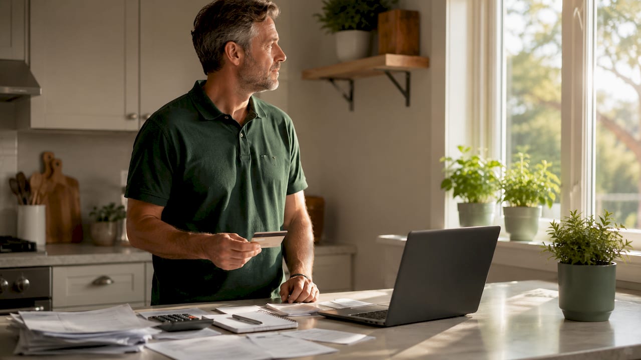 Man holding credit card, stressed and thoughtful