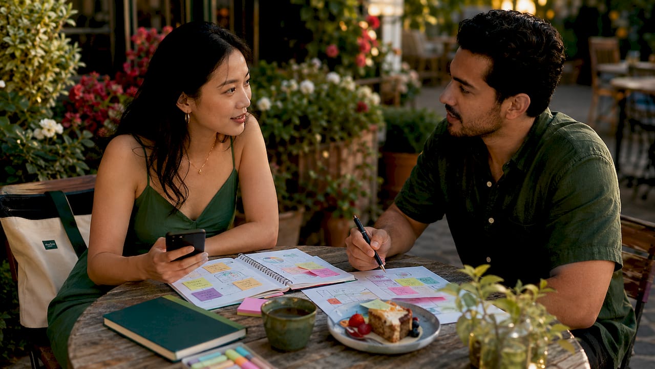 Two people discussing mindful spending over tea
