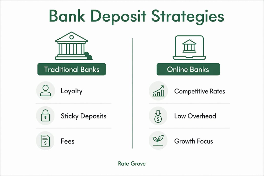 Infographic comparing traditional and online bank deposit strategies