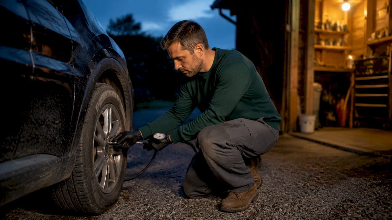Mechanic adjusting tire pressure gauge on car wheel