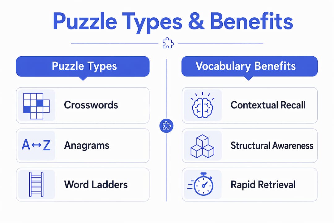 Infographic showing puzzle types and vocabulary benefits