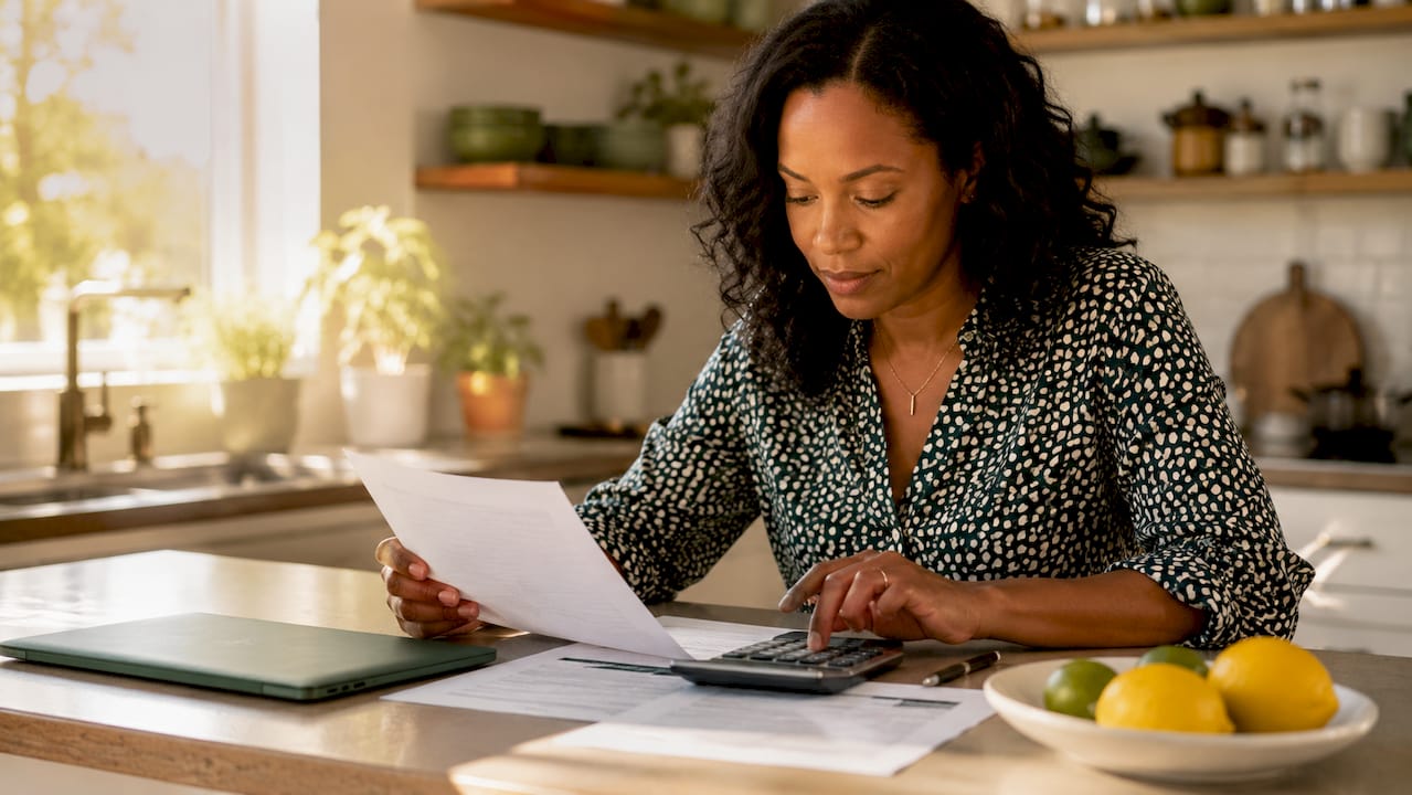 Woman calculating home savings at kitchen table