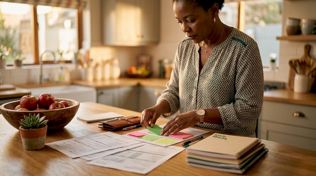 Woman reviewing budget papers at home desk