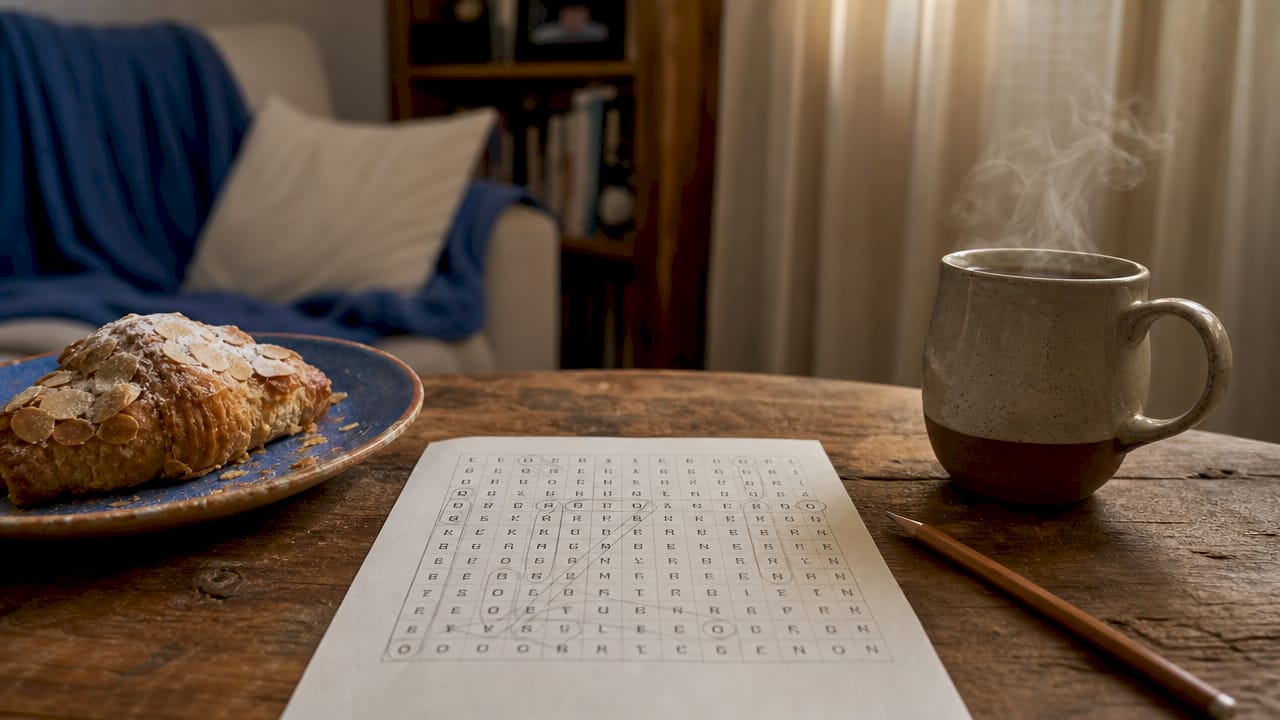 Close-up of spangram word puzzle on table