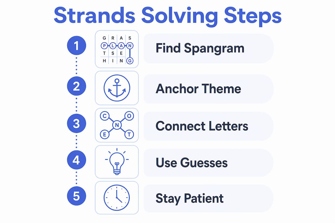 Infographic showing key steps to solve Strands puzzle