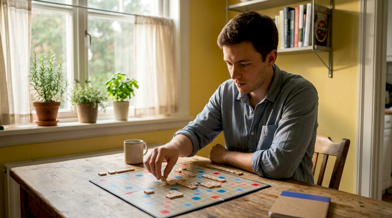 Man arranging letter tiles in simple word puzzle