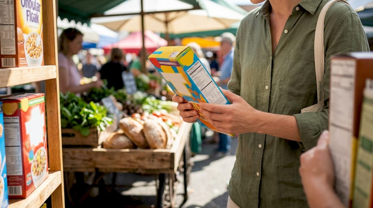 Shopper comparing store brand and name brand prices in grocery aisle