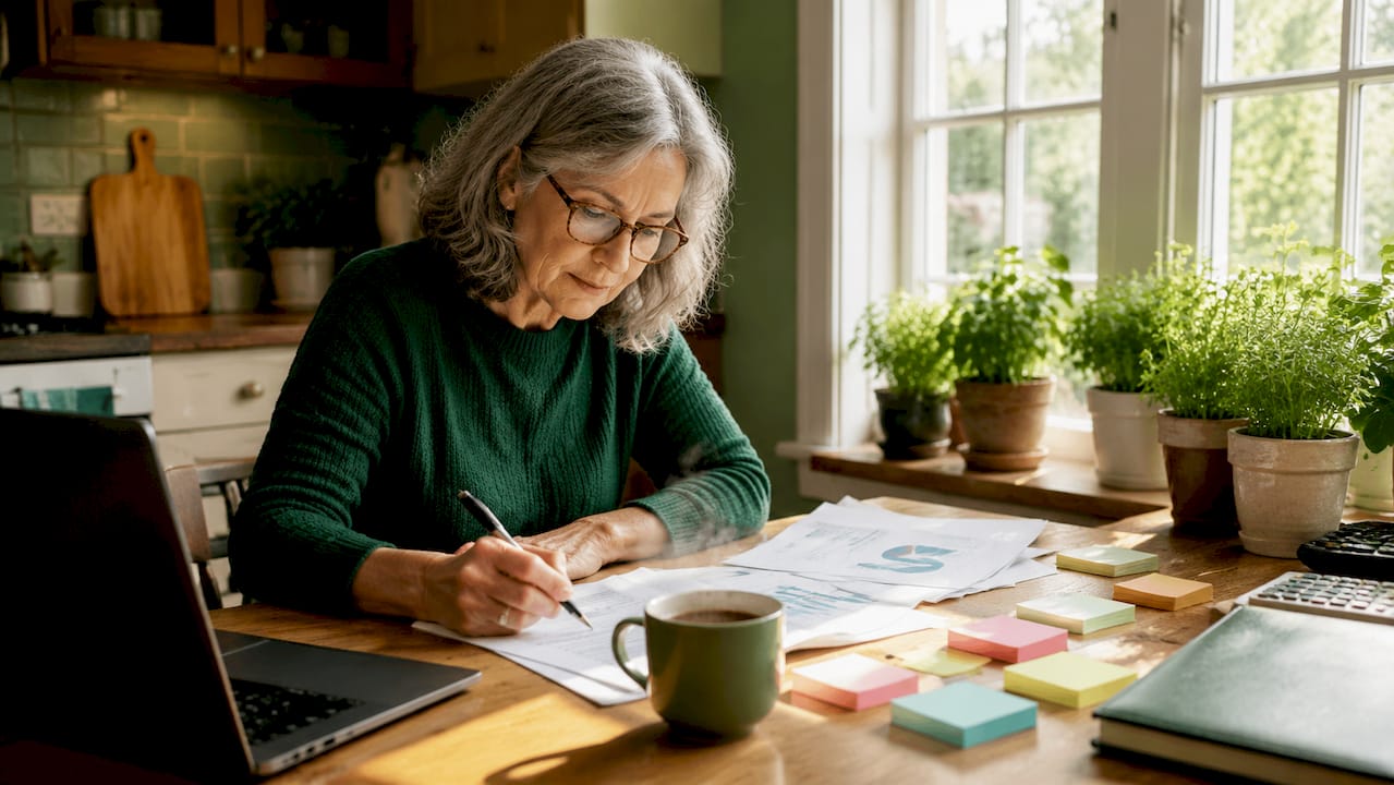 Senior woman reviewing retirement budget sheets