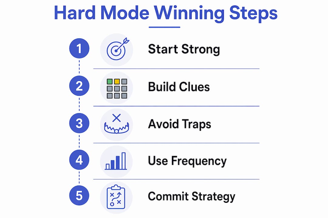 Infographic showing five key steps to win Wordle Hard Mode