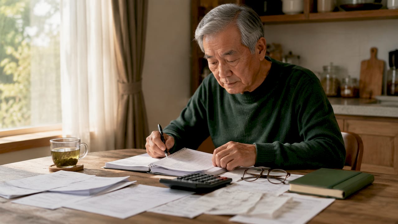 Elderly man calculating savings account fees impact