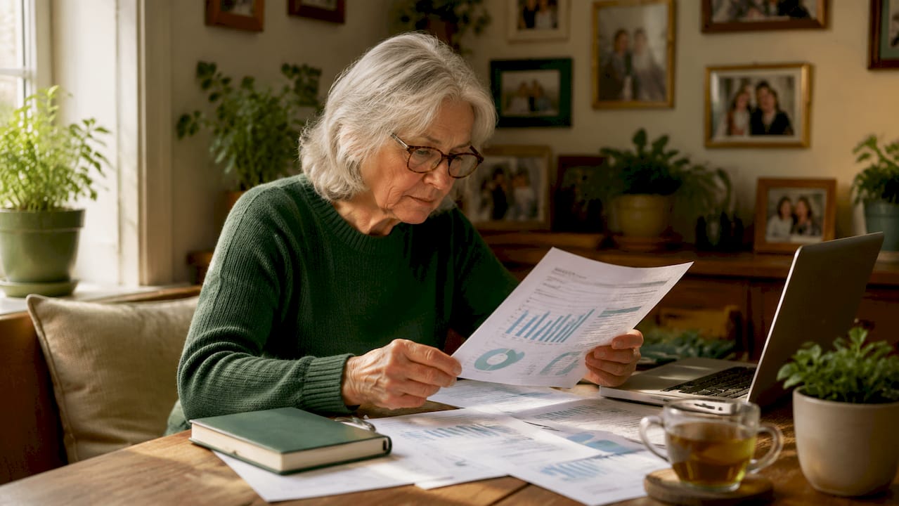 Senior woman reviewing retirement portfolio papers