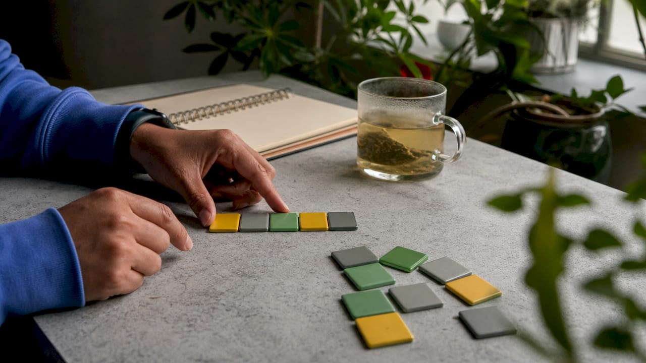 Hands arranging Wordle letter tiles on table