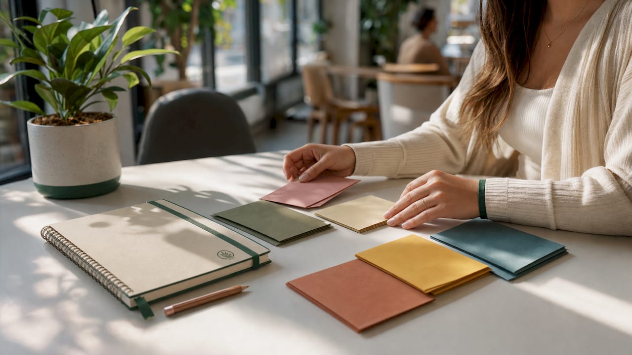 Hands sorting labeled cash envelopes on wooden table