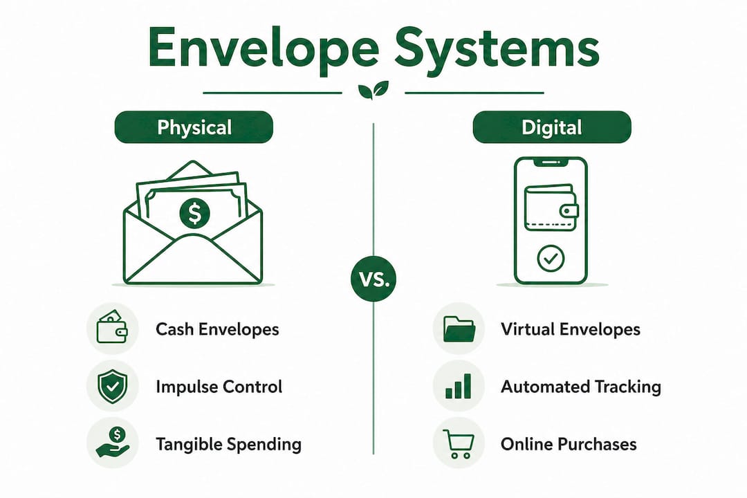 Infographic comparing physical and digital envelope budgeting systems
