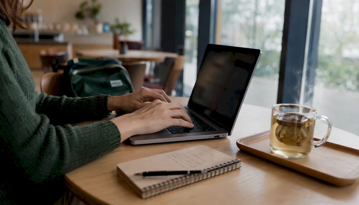 Hands typing on laptop at desk with dashboard setup