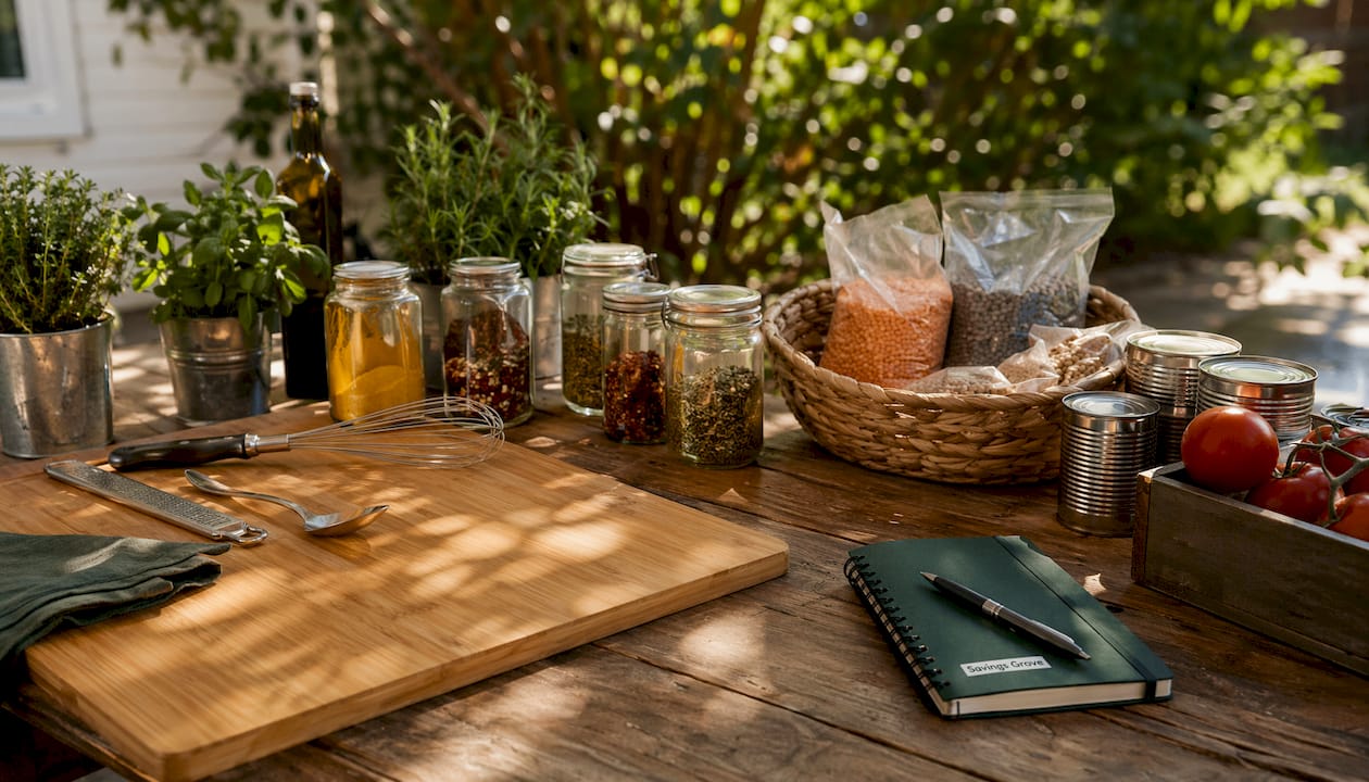 Essential kitchen tools arranged on countertop