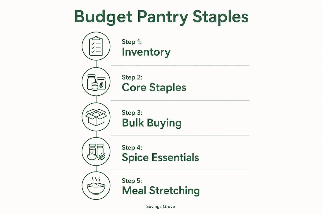 Infographic showing steps for pantry staples in budget meal planning