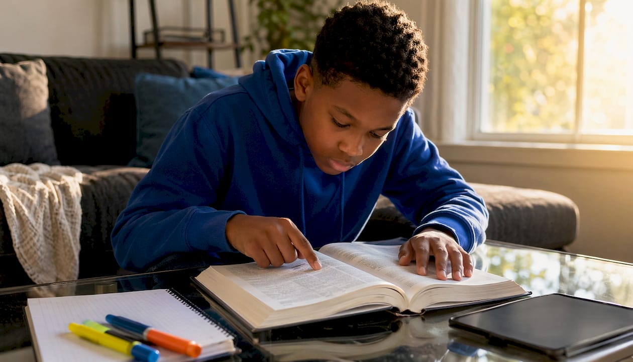 Boy researching spelling words at desk using dictionary