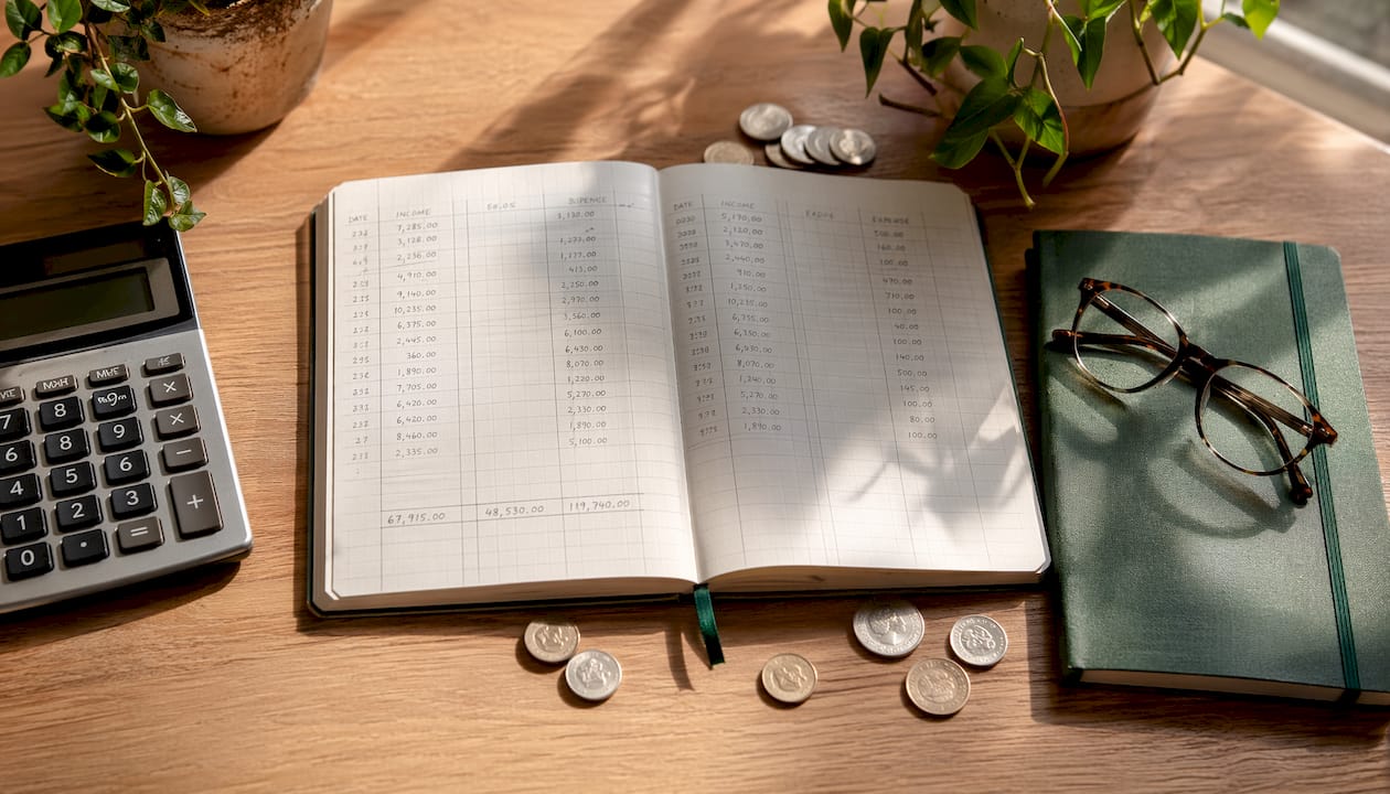 Calculator and ledger on grey office desk
