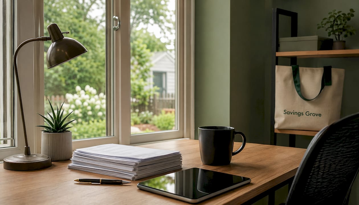 Real estate office desk with contracts and calculator