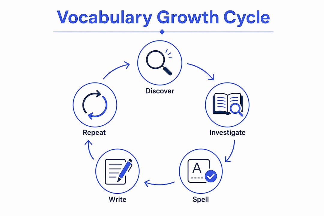 Infographic illustrating vocabulary growth cycle through spelling bee