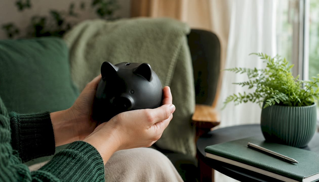 Hands holding piggy bank on home office desk