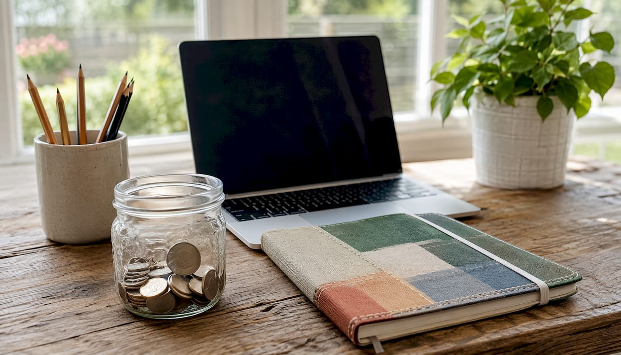 Tablet and savings jar on library table