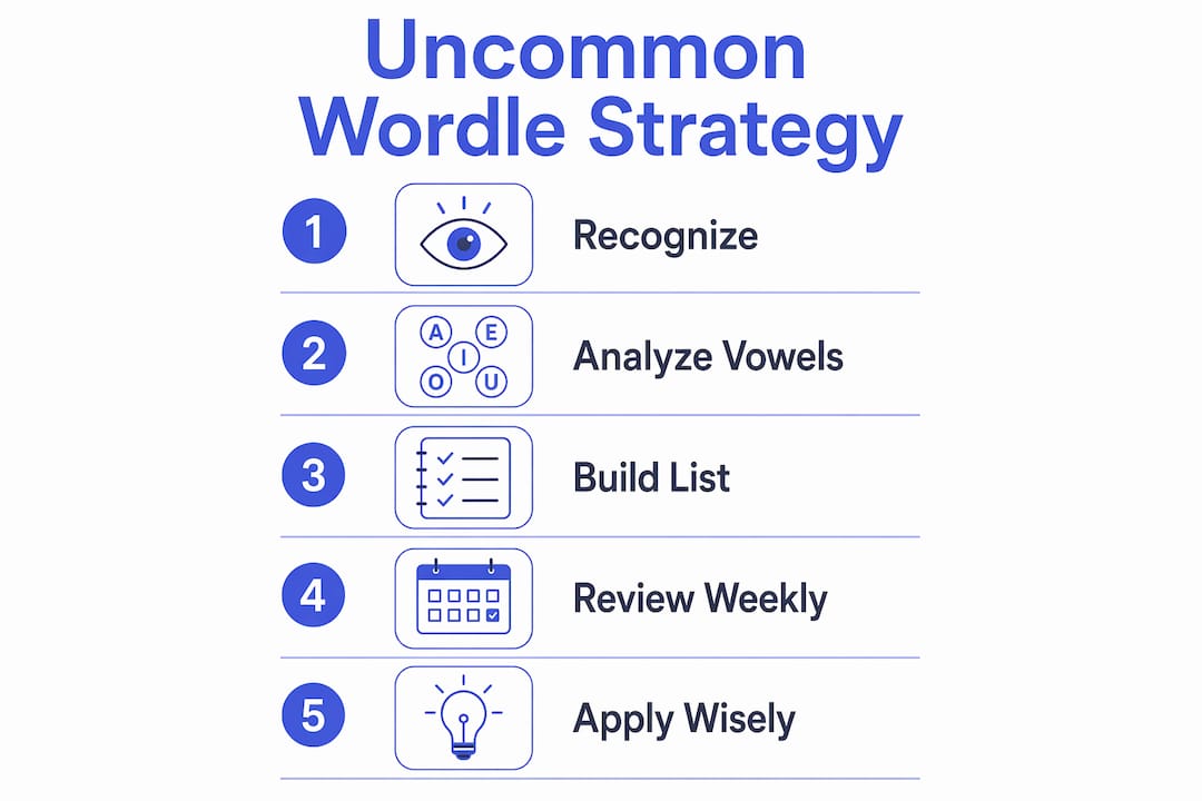 Infographic illustrating uncommon Wordle word strategy steps