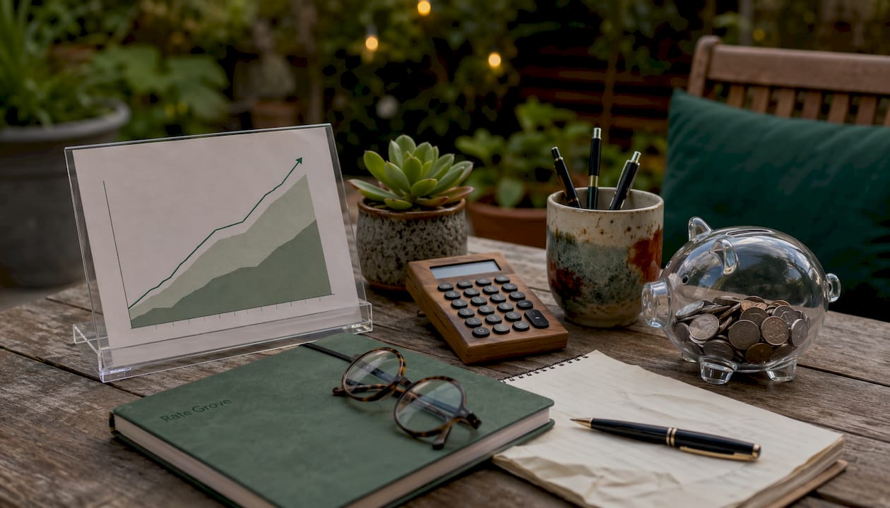 Objects illustrating savings growth on desk