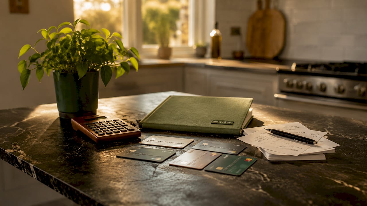 Desk with credit cards, calculator, and receipts