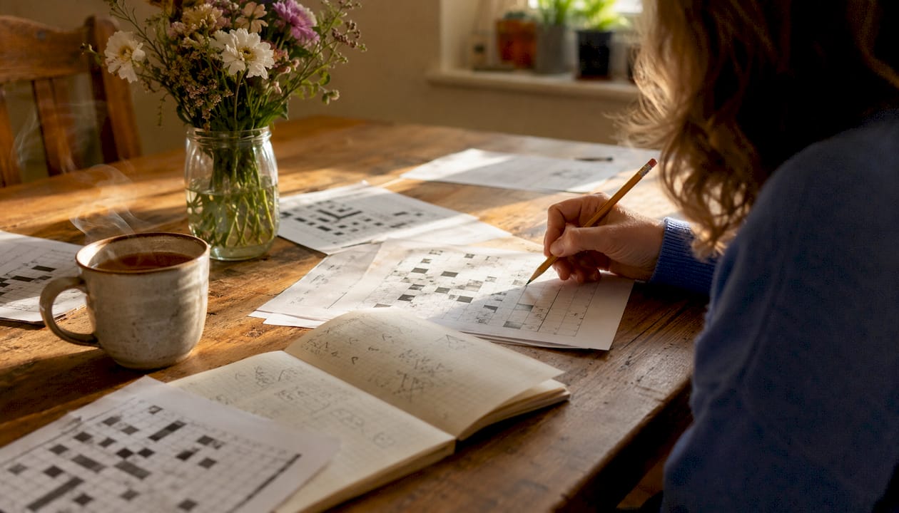 Overhead view of crossword puzzle with hints and pencil