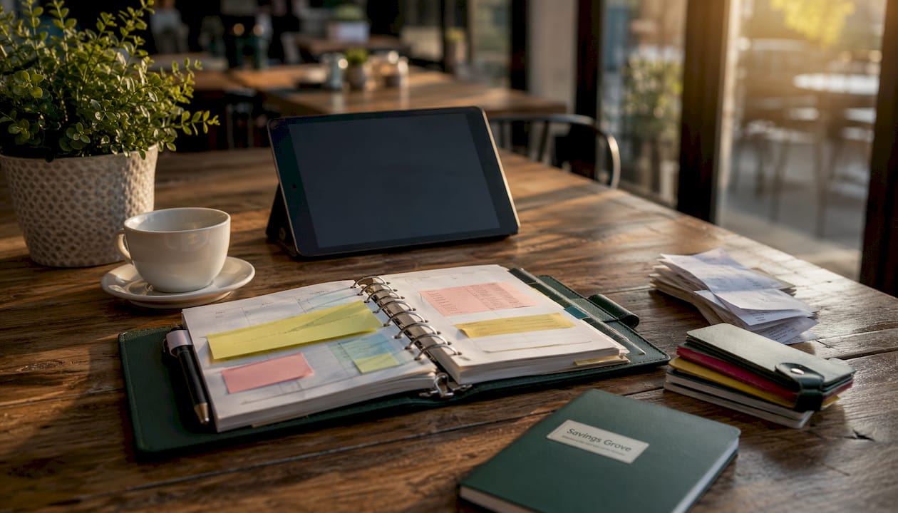Home office desk with budget review items