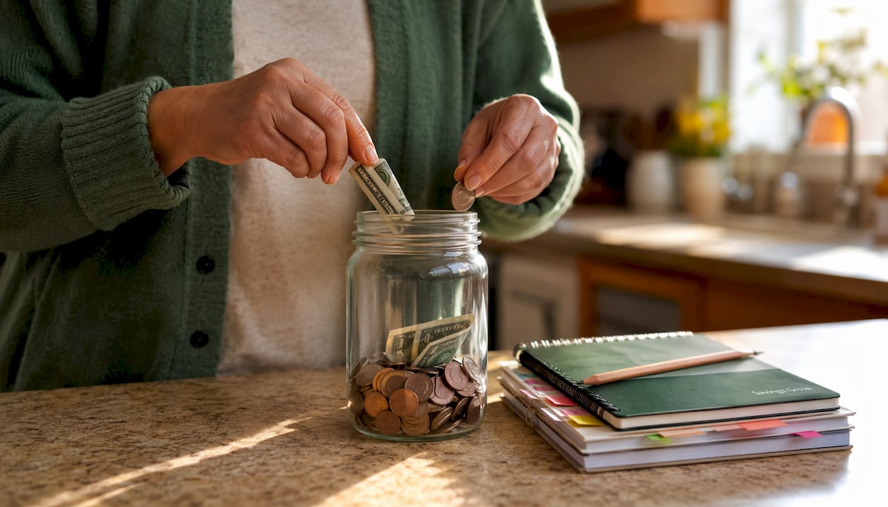 Hands holding savings jar beside budget sheets