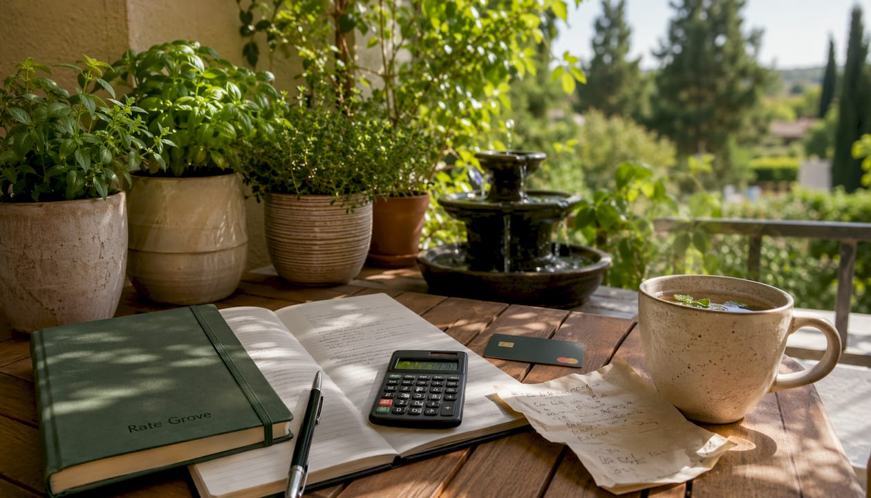Kitchen table with budgeting items and debit card