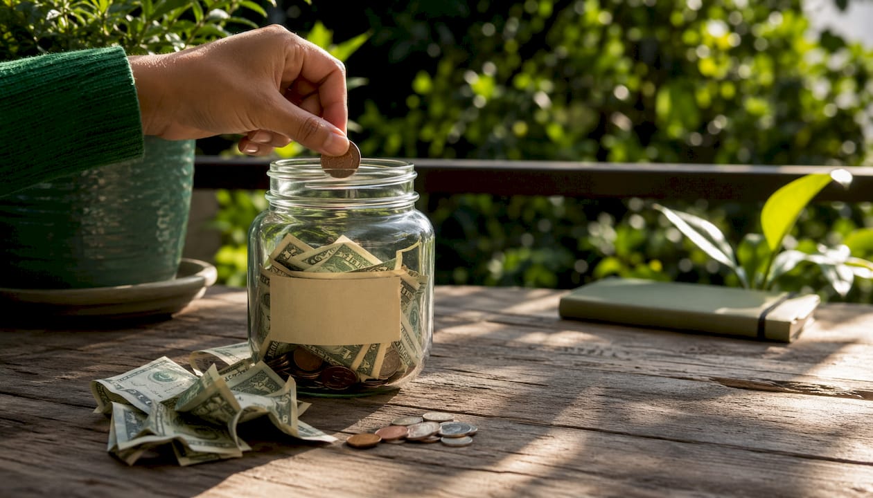 Hand putting coin into emergency fund jar