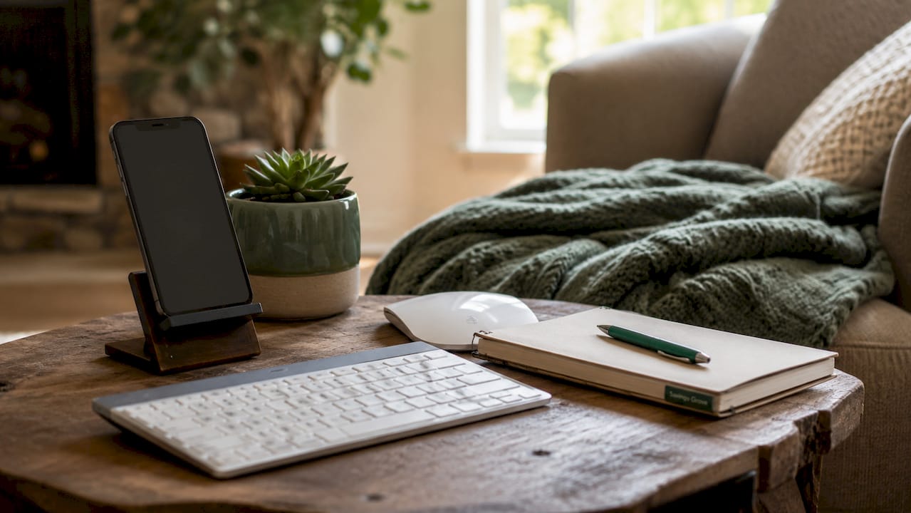 Home office desk with smartphone and budgeting setup