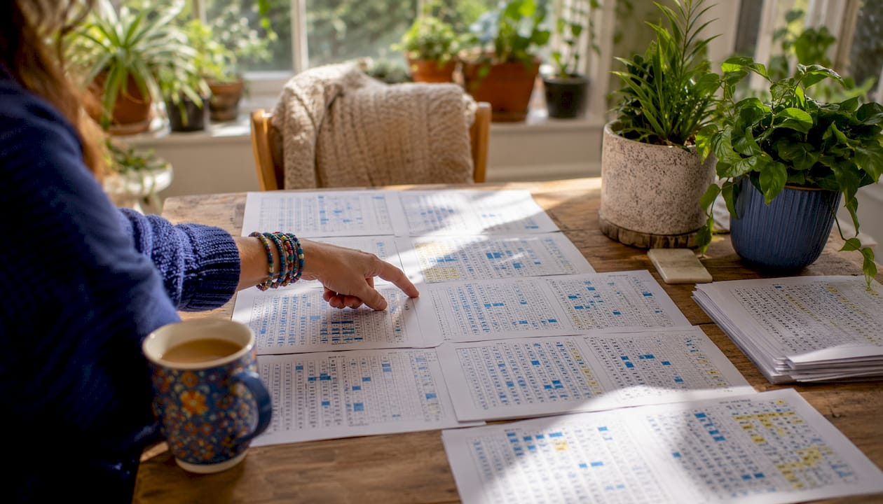 Overhead view of letter frequency charts on desk