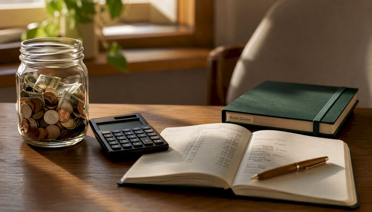 Kitchen countertop with budgeting tools and coins