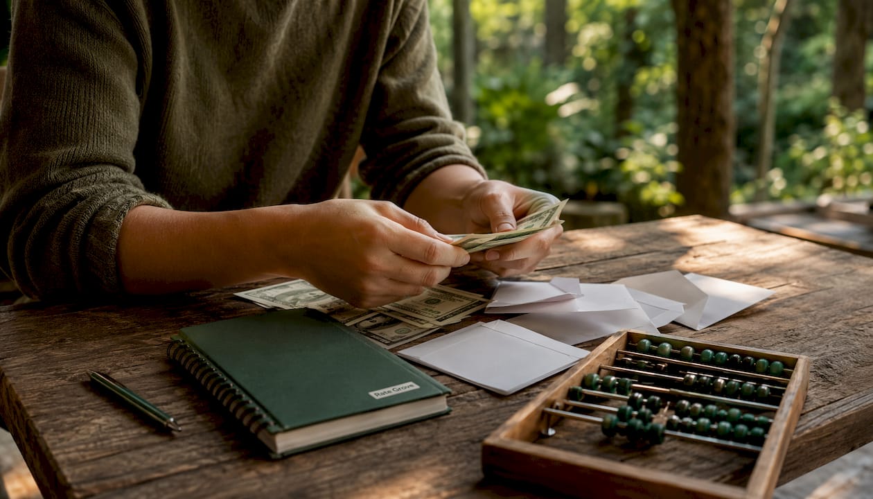 Hands counting cash and receipts on desk